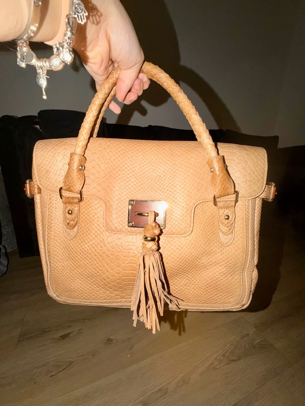 Elliott Lucca Tan Braided-Handle Tassel Satchel
